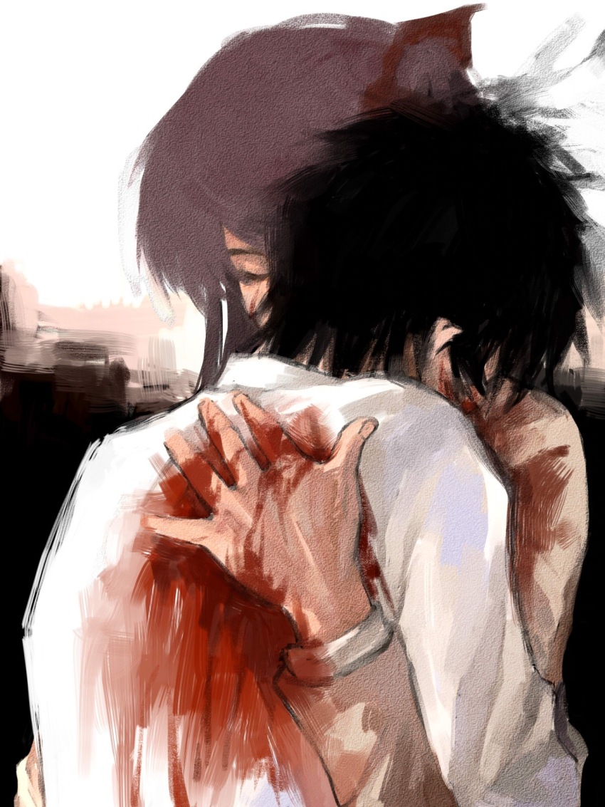 1boy 1girl abstract_background alternate_hair_color an_(xxcyclotron) black_background black_hair bleeding blood blood_on_clothes blood_on_hands brown_jacket chaos;head chinese_commentary closed_eyes commentary_request hair_ribbon head_on_another&#039;s_shoulder highres hug jacket long_hair long_sleeves nishijou_takumi purple_hair ribbon sakihata_rimi shirt short_hair spoilers upper_body white_background white_shirt