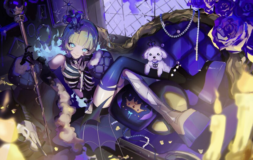 1girl absurdres animal_collar aqua_eyes beads black_crown black_skirt blonde_hair blue_fire blue_flower bone_ornament candle coat collar commentary crown demon_wings dog ear_ornament english_commentary exposed_bone fire flower full_body fur-trimmed_coat fur_trim hands_up head_on_hand heart-shaped_ornament heart_crown highres holding holding_scepter indie_utaite looking_at_viewer low_wings medium_hair multicolored_hair open_clothes purple_collar purple_hair ribs scepter single_thighhigh sitting sitting_on_throne skirt skull_ornament slit_pupils smile solo spiked_boots thighhighs throne tks_10ru tongue tongue_out tug_(utaite) utaite white_dog wings