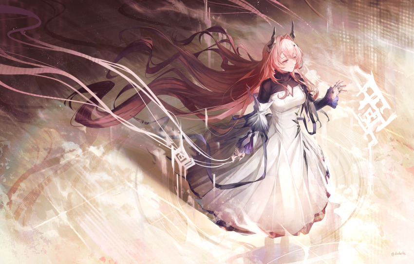 1girl absurdly_long_hair absurdres arknights cleavage_cutout closed_mouth clothing_cutout commentary dress dvdarts english_commentary full_body grey_horns hair_between_eyes hair_intakes hand_up highres horns jewelry lens_flare light_particles long_dress long_hair long_sleeves looking_ahead pink_eyes pink_hair ring smile solo standing sunlight theresa_(arknights) very_long_hair white_dress wind