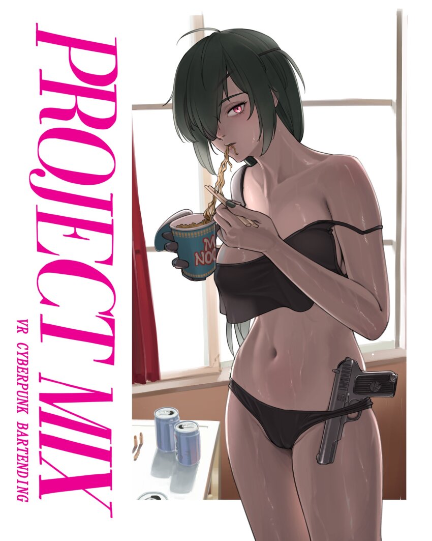 1girl absurdres black_camisole black_panties breasts cameltoe camisole can chopsticks commentary copyright_name cowboy_shot cup_ramen eating english_commentary eyepatch green_hair gun handgun handgun_cartridge highres holding holding_chopsticks looking_at_viewer navel panties parted_lips pink_eyes project_mix prosthesis prosthetic_arm puto_trash single_off_shoulder solo tokarev_tt-33 underwear valencia_(project_mix) weapon wet