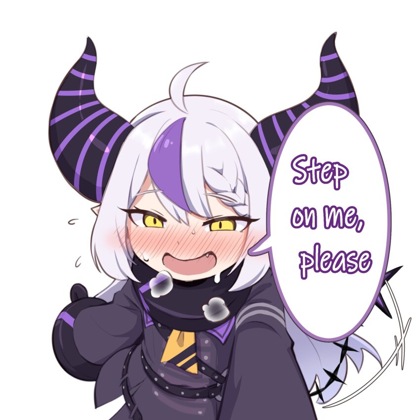 1girl ahoge belt belt_buckle blush buckle coat demon_girl demon_horns demon_tail hair_between_eyes highres hololive horns horny_face keven_(ewdx3754) la+_darknesss large_sleeves long_hair looking_at_viewer multicolored_hair open_mouth oversized_clothes oversized_sleeves pov seductive_smile sidelocks simple_background smile speech_bubble streaked_hair sweat sweatdrop tail text_focus very_long_hair white_background white_hair yellow_eyes