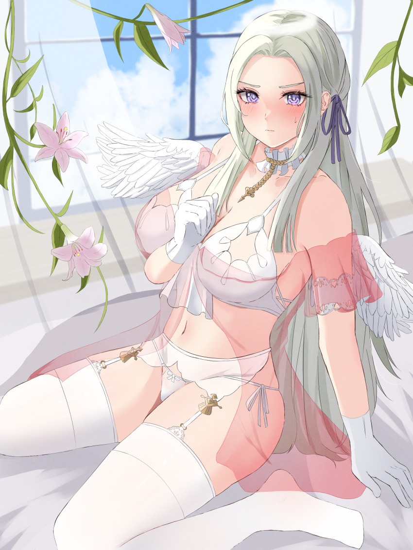 1girl absurdres alternate_breast_size babydoll bare_shoulders blonde_hair blush bra breasts cleavage clenched_hand closed_mouth collarbone commentary_request curtains detached_collar edelgard_von_hresvelg fake_wings feathered_wings fire_emblem fire_emblem:_three_houses flower garter_belt gloves glowing glowing_halo hair_ribbon halo hand_up highres indoors large_breasts leaning_to_the_side long_hair looking_at_viewer looking_to_the_side navel nintendo on_bed panties parted_bangs peli_cantaro plant pout purple_eyes purple_ribbon ribbon see-through_babydoll see-through_clothes see-through_nightgown shade sideboob sitting skindentation solo stomach sweatdrop thick_thighs thighhighs thighs underwear vines wariza white_bra white_gloves white_panties white_thighhighs wind window wings wrist_cuffs