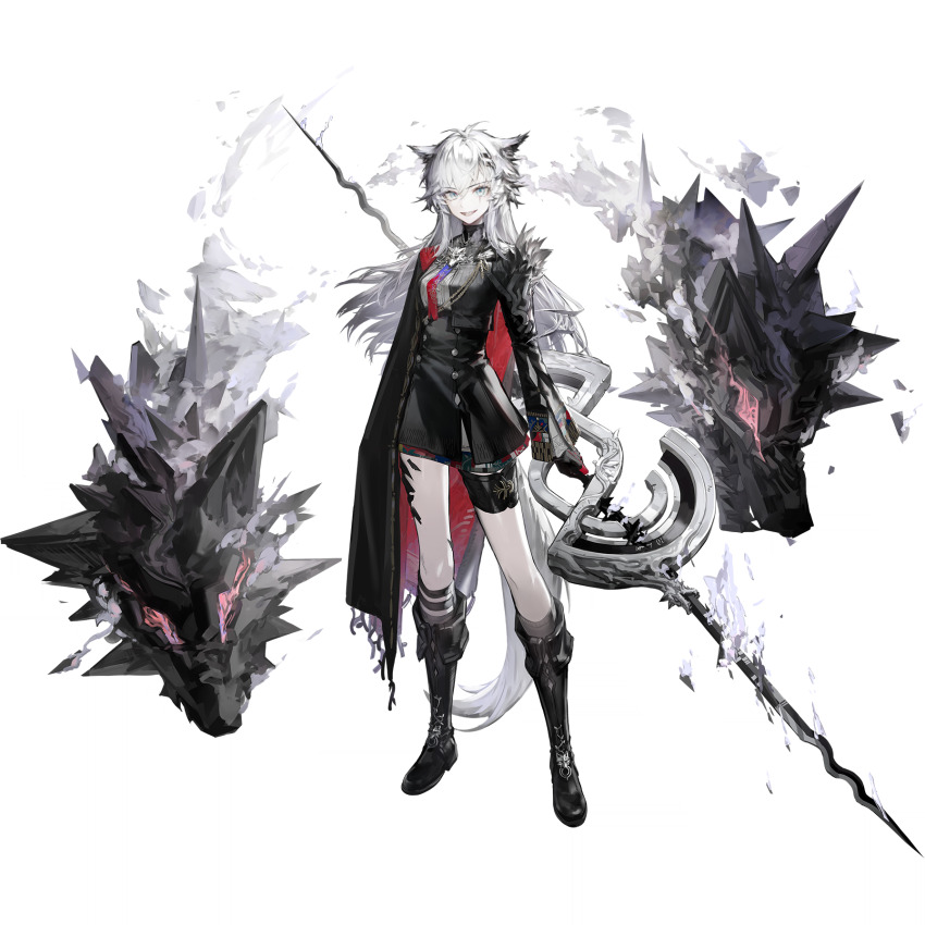 1girl animal_ears arknights blue_eyes full_body highres huanxiang_heitu lappland_(arknights) lappland_the_decadenza_(arknights) official_alternate_costume official_art simple_background solo standing tachi-e third-party_source transparent_background white_hair wolf_ears wolf_girl