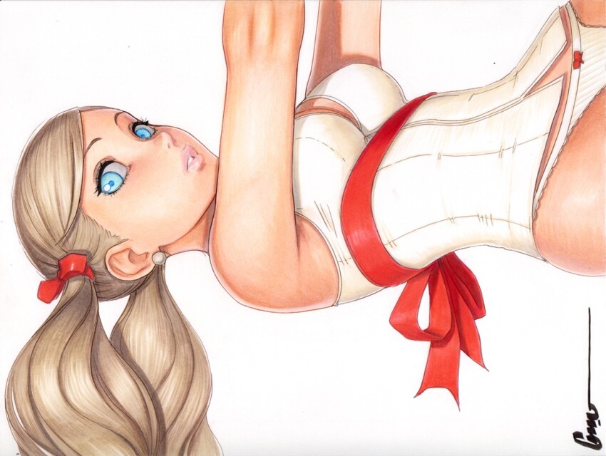 1girl artist_name blonde_hair blue_eyes bow breasts cleavage earrings hair_bow jewelry lips long_hair looking_at_viewer medium_breasts nightgown omar_dogan panties persona persona_5 red_bow red_ribbon ribbon ribbon_around_body simple_background takamaki_anne twintails underwear white_background white_nightgown white_panties