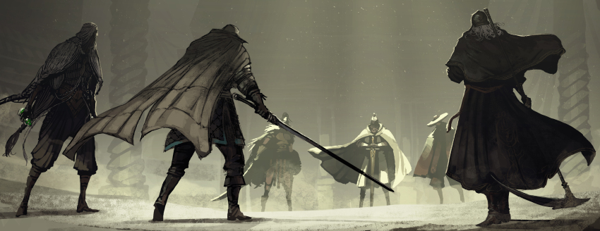 1other 2girls 3boys absurdres armor boots cape cloak dryleaf_dane elden_ring elden_ring:_shadow_of_the_erdtree fur_cloak highres mask multiple_boys multiple_girls needle_knight_leda pillar potion redmane_freyja robe scythe shield sir_ansbach sword tarnished_(elden_ring) the_g_(bhu204) thiollier_(elden_ring) weapon
