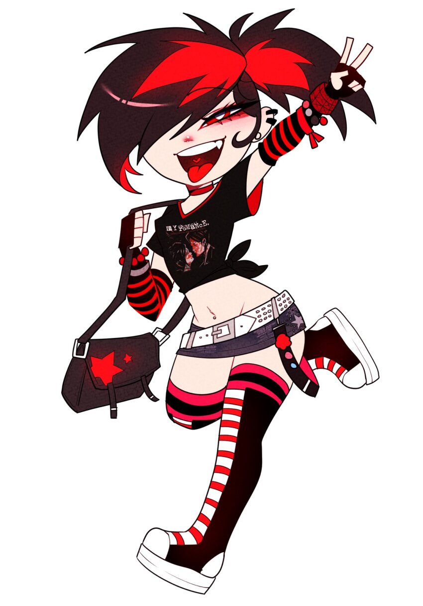 1girl bag belt black_shirt boots bracelet collar cry_(crydiaa) crydiaa_(artist) denim denim_shorts earrings fang handbag highres indie_virtual_youtuber jewelry my_chemical_romance red_eyes scene_cry shirt shorts spiked_hair striped_sleeves thigh_boots white_background white_belt