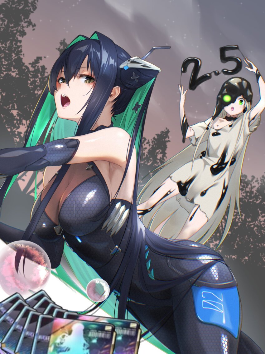 2girls absurdly_long_hair anniversary armpit_crease blue_bodysuit blue_hair bodysuit brown_hair bubble colored_inner_hair commentary_request dirty dirty_clothes dress fune_(fune83ojj) glowing glowing_eye goddess_of_victory:_nikke green_eyes green_hair grey_dress grey_hair grey_sky hair_intakes highres leviathan_(nikke) little_mermaid_(nikke) long_hair long_sidelocks looking_at_viewer looking_to_the_side multicolored_hair multiple_girls neon_trim numbered outdoors sidelocks sky slime_(substance) ticket tree twintails two-tone_hair very_long_hair