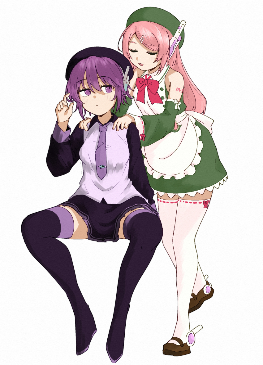 2girls absurdres apron beret boots bow bowtie citrus_nub17 closed_eyes collared_shirt commentary detached_sleeves dress full_body hair_ornament hairclip hand_up hands_on_another&#039;s_shoulders hashtag-only_commentary hat highres index_finger_raised invisible_chair long_hair long_sleeves looking_at_another looking_to_the_side mary_janes momone_momo multiple_girls necktie open_mouth pink_hair purple_eyes purple_hair ribbon-trimmed_sleeves ribbon-trimmed_thighhighs ribbon_trim robot_ears shirt shoes short_hair sitting smile thigh_boots thighhighs utane_uta utau