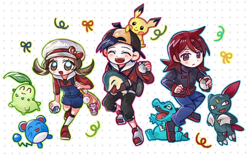 1girl 2boys :d ^_^ blue_overalls bow brown_hair capri_pants chikorita closed_eyes cowlick cyndaquil ethan_(pokemon) game_freak gen_2_pokemon great_ball hat hat_bow holding holding_poke_ball holding_pokemon jacket kong_(6ki3ki) long_hair lyra_(pokemon) marill multiple_boys nintendo on_head open_mouth overalls pants pichu poke_ball pokemon pokemon_(creature) pokemon_hgss pokemon_on_head red_bow red_jacket red_shirt red_shoes shirt shoes silver_(pokemon) smile sneasel teeth totodile twintails upper_teeth_only white_background