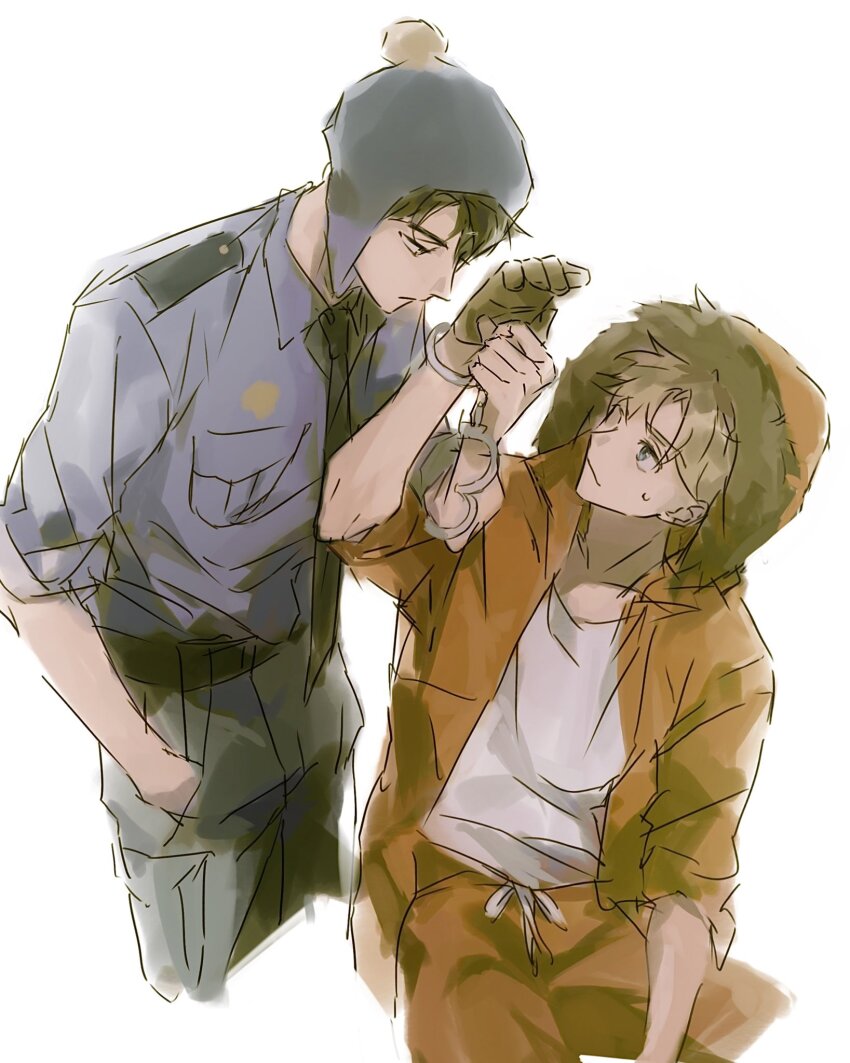 2boys belt black_hair black_pants blonde_hair blue_hat blue_shirt chullo coat craig_tucker cuffs fur-trimmed_hood fur_trim hand_in_pocket handcuffs hat highres hood hood_up hooded_coat hydrargyri kenny_mccormick looking_at_another male_focus multiple_boys open_clothes open_coat orange_coat orange_pants pants police police_uniform shirt short_hair simple_background single_handcuff south_park white_background white_shirt yellow_eyes