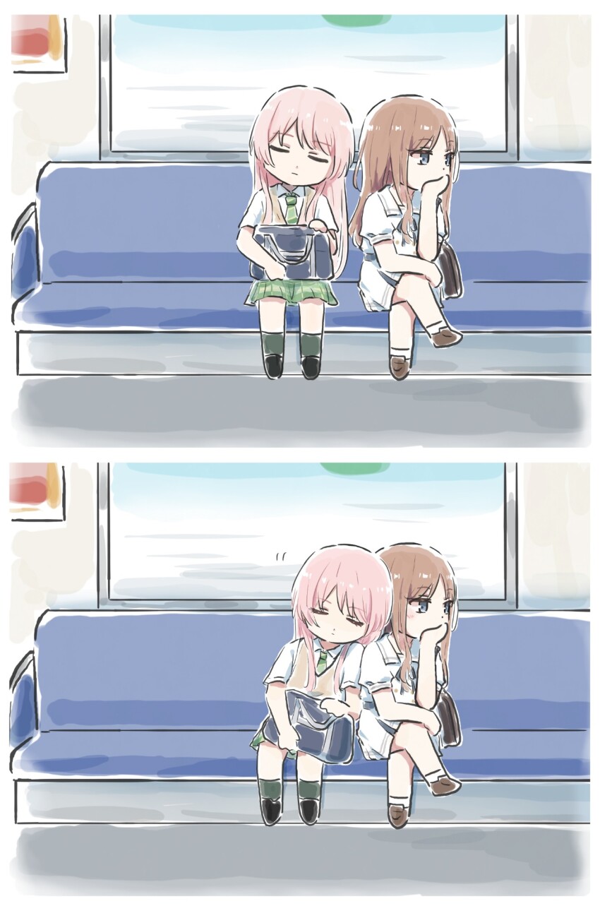2girls bag bang_dream! bang_dream!_it&#039;s_mygo!!!!! black_shoes blue_background blue_eyes blush brown_bag brown_hair chihaya_anon closed_eyes closed_mouth commentary crossed_legs diagonal-striped_clothes diagonal-striped_necktie dress green_necktie green_skirt green_socks haneoka_school_uniform head_rest highres juliet_sleeves kneehighs long_hair long_sleeves looking_at_another lyy multiple_girls nagasaki_soyo necktie one_eye_closed pink_hair plaid_clothes plaid_skirt pleated_skirt puffy_sleeves school_bag school_uniform shirt shoes short_hair sidelocks sitting skirt sleeping sleeping_on_person socks striped_clothes symbol-only_commentary train_interior tsukinomori_school_uniform white_dress white_shirt white_socks