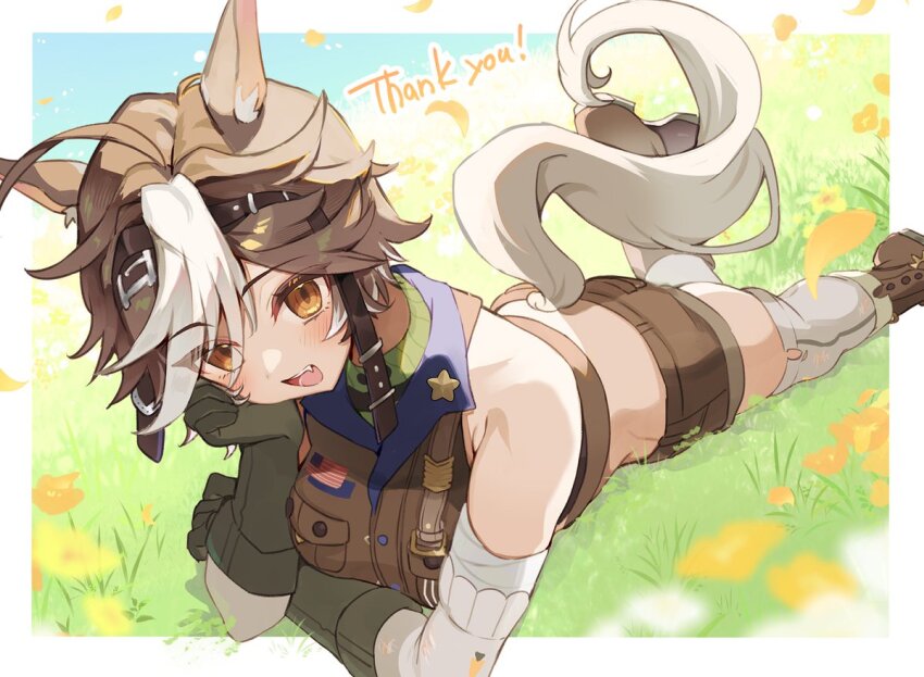 1boy 1girl ahoge animal_ears boots brown_boots brown_eyes brown_gloves brown_shirt brown_shorts commentary commission elbow_gloves english_commentary english_text flower gloves grass hair_between_eyes hand_on_own_cheek hand_on_own_face horse_ears horse_girl horse_tail looking_at_viewer lying on_stomach second-party_source shirt shorts skeb_commission sleeveless sleeveless_shirt smile socks solo tail thighhighs tomoe_umari tomoe_umari_(1st_costume) umetoumeto v-dere virtual_youtuber white_fur white_socks white_thighhighs