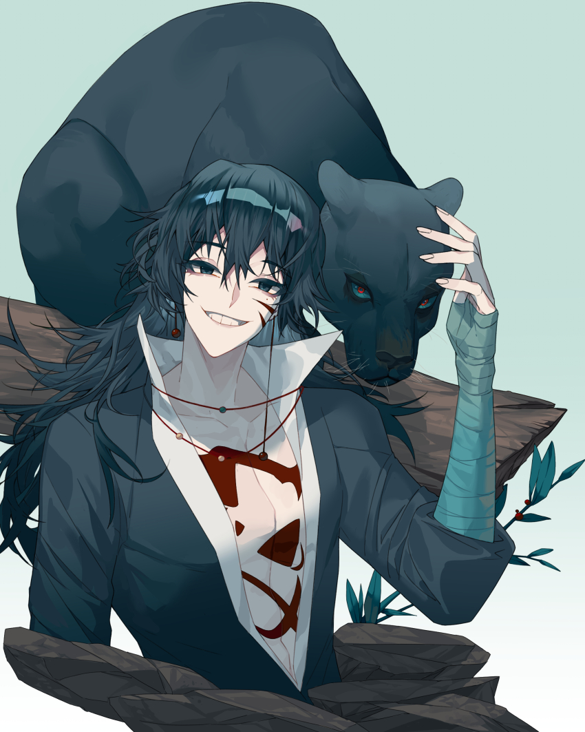 1boy absurdres bandaged_arm bandages black_eyes black_hair black_jacket black_panther cabinc chest_tattoo chinese_commentary collared_shirt commentary_request facial_tattoo gradient_background grin hair_between_eyes highres huayangshan_jishi jacket long_hair long_sleeves male_focus mole mole_under_eye open_clothes open_jacket open_shirt panther shirt sleeves_rolled_up smile solo tattoo upper_body white_shirt zhao_yuwen