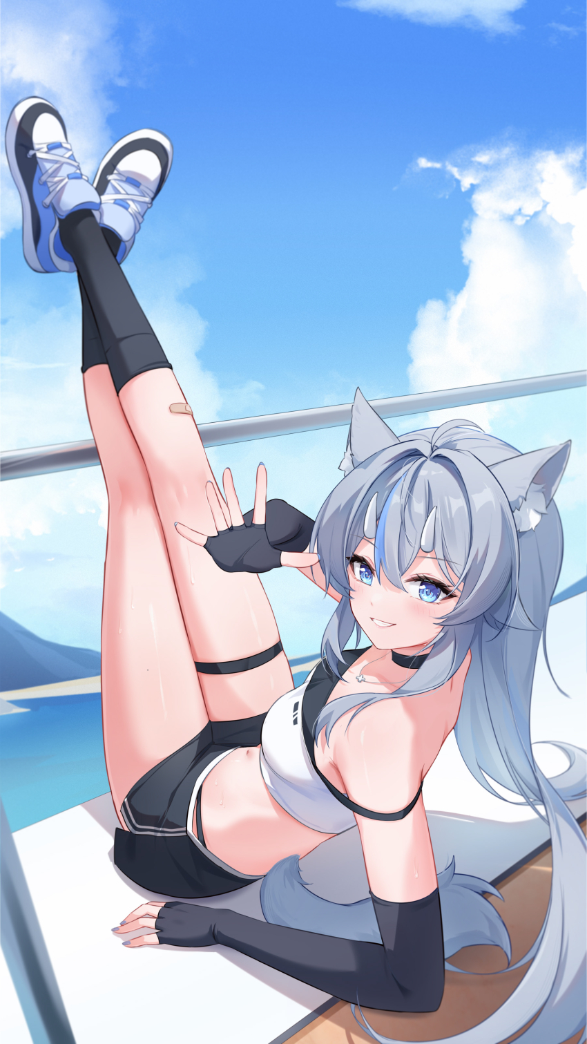 1girl absurdres animal_ears black_gloves blue_sky breasts commentary_request gloves highres leg_up long_hair looking_at_viewer looking_back medium_breasts ocean original ship shoes sitting sky smile thighhighs watercraft xcche_che_er