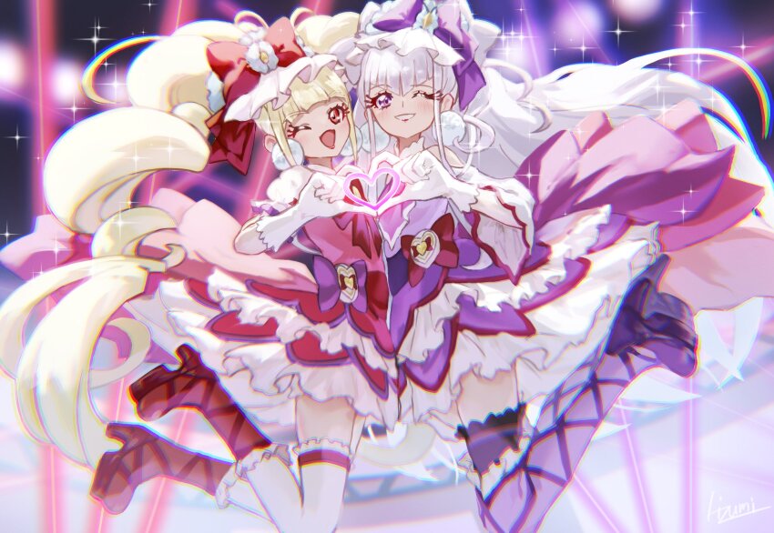 2girls :d aisaki_emiru blonde_hair boots bow cure_amour cure_macherie dress earrings eyelashes frills gloves hair_ornament hair_ribbon happy heart heart_hands highres hugtto!_precure jewelry jumping long_hair multiple_girls one_eye_closed open_mouth pom_pom_(clothes) pom_pom_earrings precure purple_dress purple_eyes purple_footwear purple_hair purple_ribbon red_dress red_eyes red_footwear red_lips red_ribbon ribbon ruru_amour smile sparkle takahashi_hizumi thighhighs twintails white_gloves