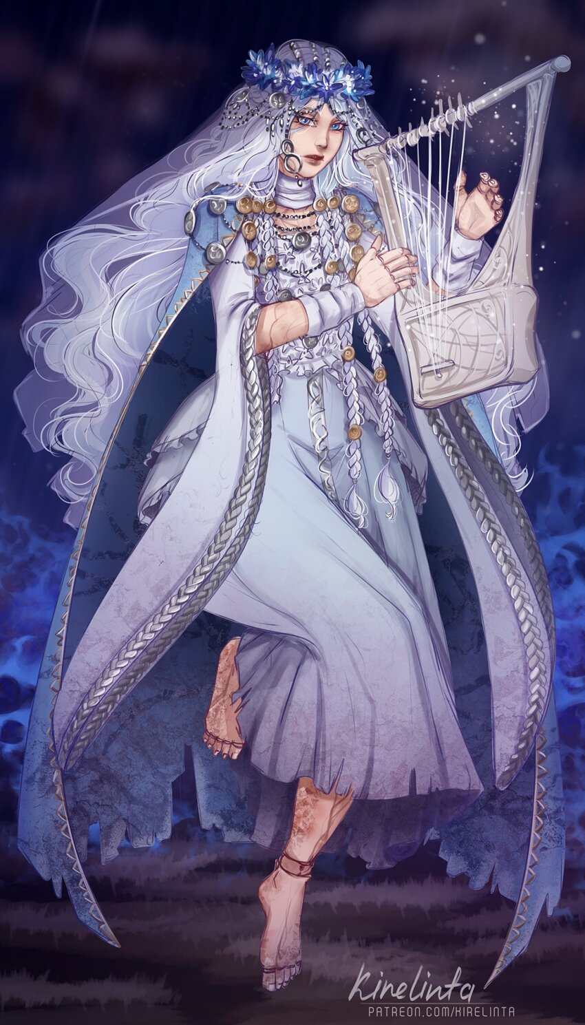 1girl barefoot blue_cloak blue_eyes blue_skirt cloak doll_joints elden_ring elden_ring_nightreign fire full_body gold_trim head_wreath highres holding holding_instrument holding_lyre instrument jewelry joints kirelinta lips long_hair low-braided_long_hair low-tied_long_hair lyre music patreon_username playing_instrument revenant_(elden_ring) shirt signature skirt solo standing standing_on_one_leg torn_clothes veil white_hair white_shirt white_veil wide_hips wide_sleeves