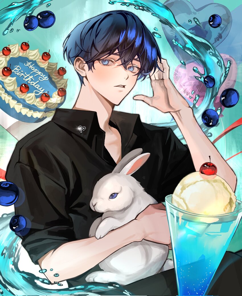 1boy amo_0202 animal arm_up balloon black_pants black_shirt blue_eyes blue_hair cherry floating_liquid food fruit hair_between_eyes happy_birthday heart_balloon highres holding holding_animal ice_cream ice_cream_float k-pop looking_to_the_side male_focus pants parted_lips plave rabbit shirt solo white_rabbit_(animal) yejun_(plave)