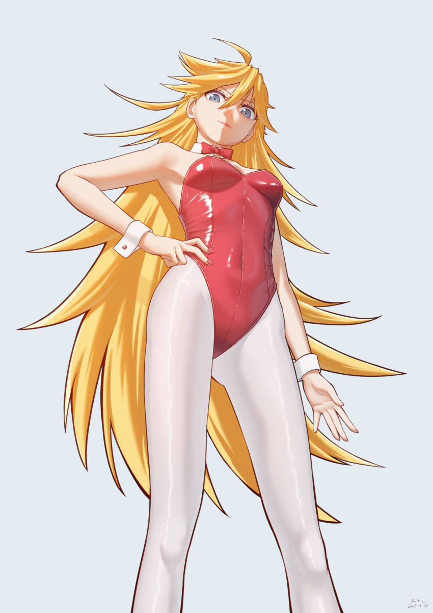 1girl absurdres blonde_hair blue_eyes bow bowtie breasts highres leotard long_hair looking_at_viewer medium_breasts over-kneehighs panty_&amp;_stocking_with_garterbelt panty_(psg) pantyhose smile solo thighhighs wrist_cuffs zyl_(pixiv_25086308)