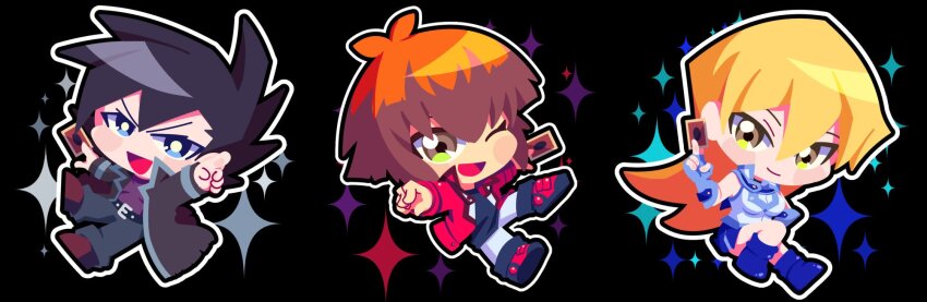 1girl 2boys :d ;d black_background black_hair black_jacket black_pants black_shirt blonde_hair blue_skirt brown_eyes brown_hair card chibi chibi_only closed_mouth duel_academy_uniform_(yu-gi-oh!_gx) full_body hair_between_eyes highres holding holding_card jacket long_hair looking_at_viewer manjoume_jun multiple_boys one_eye_closed open_mouth otowaika pants red_jacket shirt short_hair skirt sleeveless sleeveless_shirt smile tenjouin_asuka white_shirt yu-gi-oh! yu-gi-oh!_gx yuki_judai