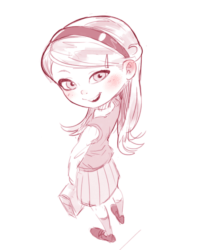 1girl bag blush dreamworks from_behind hair_ornament hairband hairclip highres holding holding_bag idfer long_hair long_sleeves looking_at_viewer looking_back monochrome mr._peabody_&amp;_sherman open_mouth penny_peterson school_bag school_uniform shirt shoes smile socks standing sweater_vest teeth