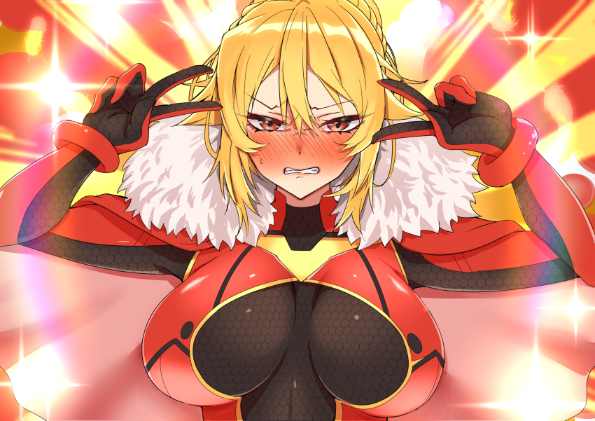 1girl absurdres angelica_rapha_redgrave blonde_hair breasts commission emotional_engine_-_full_drive fairouz_ai fate/grand_order fate_(series) highres huge_breasts otome_game_sekai_wa_mob_ni_kibishii_sekai_desu pilot_suit red_eyes sei_shounagon_(fate) shy skeb_commission upper_body voice_actor_connection yamada_otonari