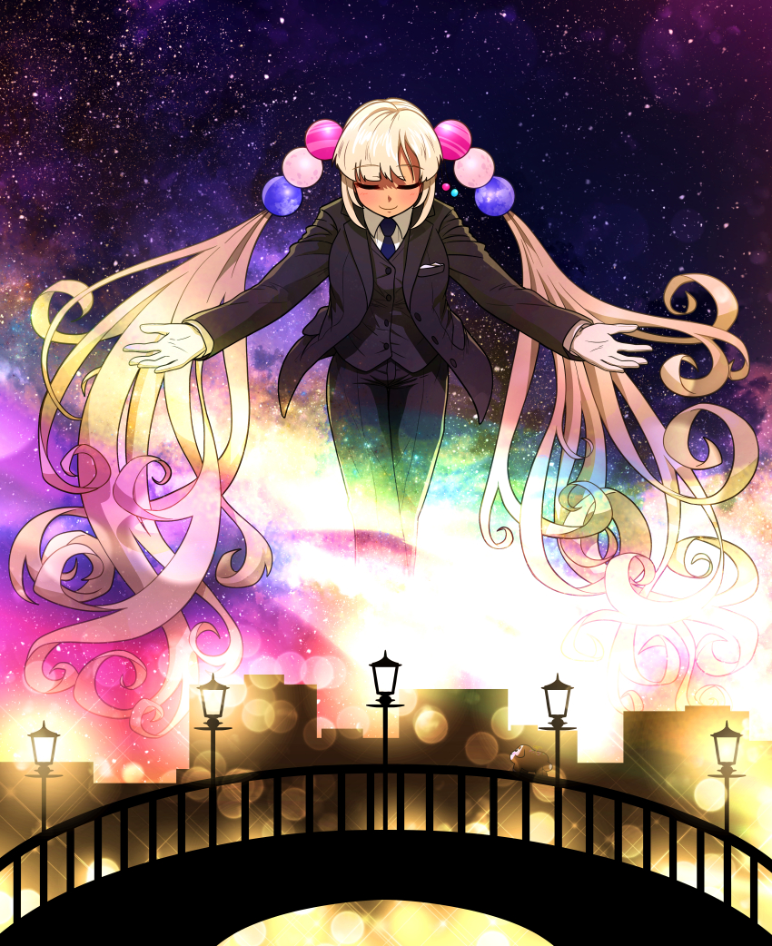 1girl absurdres alternate_costume blonde_hair blue_necktie blunt_bangs blurry blush bokeh closed_eyes dark-skinned_female dark_skin ddolbang depth_of_field dress_shirt formal_clothes giant giantess gloves hair_ornament highres hololive hololive_english long_hair necktie night night_sky planet_hair_ornament shirt sky solo suit tsukumo_sana tuxedo twintails very_long_hair virtual_youtuber white_gloves white_shirt