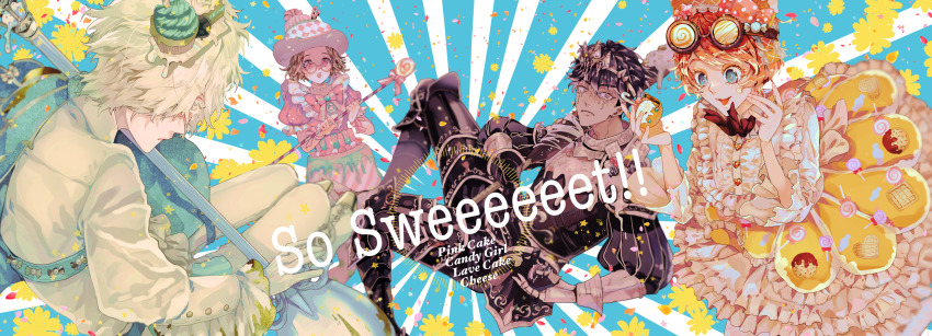 2boys 2girls andrew_kreiss andrew_kreiss_(cheese) black_hair black_shirt bow candy closed_mouth coke-bottle_glasses colored_eyelashes cookie cupcake dress english_text eyelashes eyewear_on_head food food-themed_hair_ornament frown fu_yukari ganji_gupta ganji_gupta_(lava_cake) glasses hair_ornament hair_over_one_eye hat helena_adams helena_adams_(pink_cake) highres holding holding_staff icing identity_v lollipop makeup multiple_boys multiple_girls open_mouth orange_hair orange_headwear pink_bow pink_shirt polka_dot red_ribbon ribbon runny_makeup shirt short_hair staff swirl_lollipop tracy_reznik tracy_reznik_(candy_girl) white_footwear