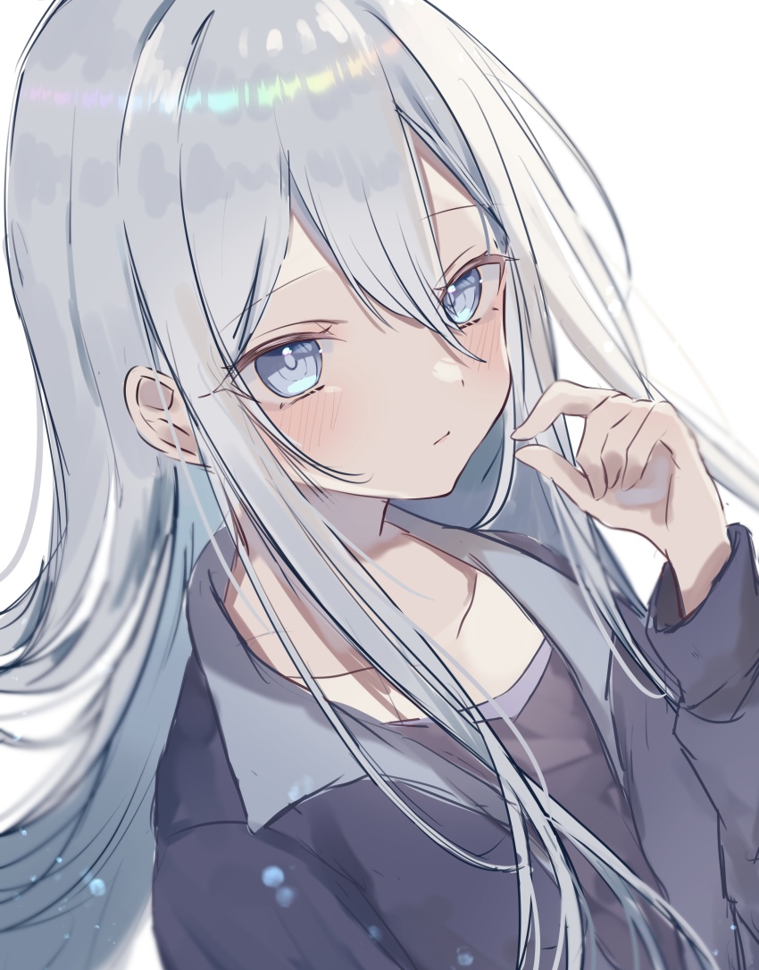 1girl absurdres black_shirt blue_eyes blush closed_mouth collarbone commentary hair_between_eyes hand_up highres jacket light_blush long_hair long_sleeves looking_at_viewer open_clothes pinching_gesture project_sekai shirt simple_background solo upper_body white_background yoisaki_kanade yomogi_mogu