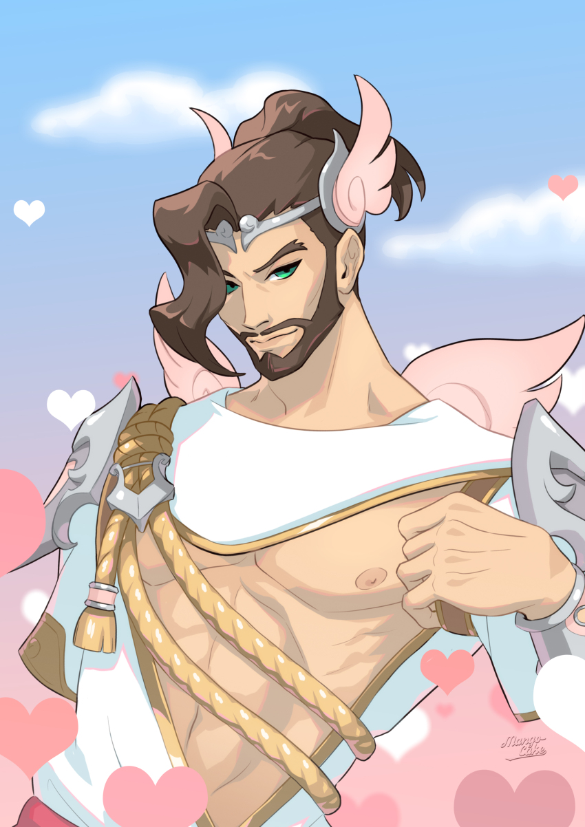 1boy abs absurdres artist_name bakemangocake beard brown_hair cloud cupid cupid_hanzo day facial_hair green_eyes hanzo_(overwatch) heart highres looking_at_viewer male_focus nipples official_alternate_costume overwatch overwatch_1 pink_wings simple_background sky solo wings