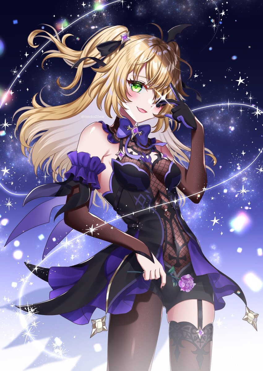 1girl absurdres bare_shoulders bat_ornament black_ribbon blonde_hair blush bodystocking bodystocking bow bowtie breasts brown_sleeves chuunibyou collar eyepatch fischl_(genshin_impact) flower garter_straps genshin_impact gloves green_eyes hair_over_one_eye hair_ribbon highres leotard long_hair looking_at_viewer medium_breasts open_mouth purple_bow purple_bowtie purple_flower purple_ribbon purple_rose ribbon rose simple_background single_glove single_leg_pantyhose single_sleeve single_thighhigh smile solo sparkle tailcoat tateko25wiz thighhighs two_side_up