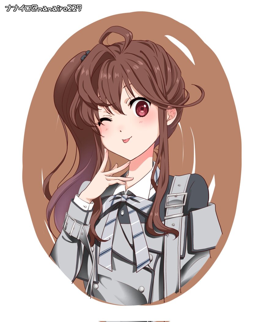1girl 22/7 ;p artist_name border brown_background brown_eyes brown_hair brown_scrunchie dress grey_dress high_side_ponytail highres kamisama_datte_kimerarenai long_hair long_sleeves nanairo_(nanairo227) one_eye_closed scrunchie shirt solo toda_jun tongue tongue_out upper_body white_border white_shirt