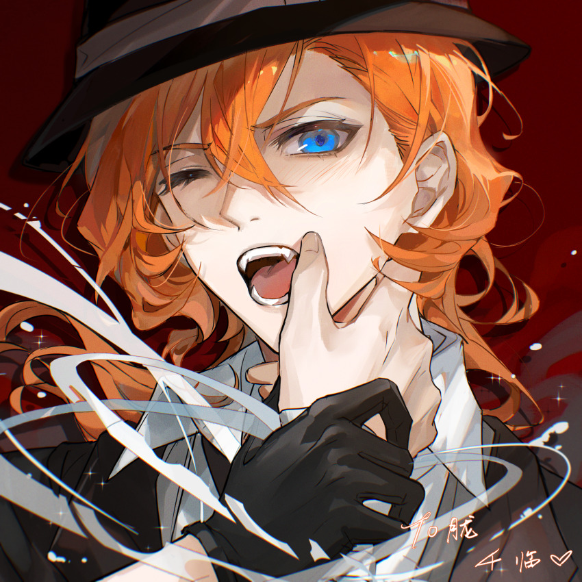 2boys artist_name black_gloves black_hat black_jacket blue_eyes bungou_stray_dogs chinese_commentary chinese_text collared_shirt dazai_osamu_(bungou_stray_dogs) energy eyelashes fangs finger_to_another&#039;s_mouth formal_clothes gloves hair_between_eyes hand_on_another&#039;s_chin hat heart highres holding_another&#039;s_wrist jacket long_hair looking_at_viewer low_ponytail male_focus multiple_boys nakahara_chuuya_(bungou_stray_dogs) nidexintu one_eye_closed open_mouth orange_hair ponytail portrait pov pov_hands red_background shirt smoke solo solo_focus sparkle teeth upper_body white_shirt yaoi