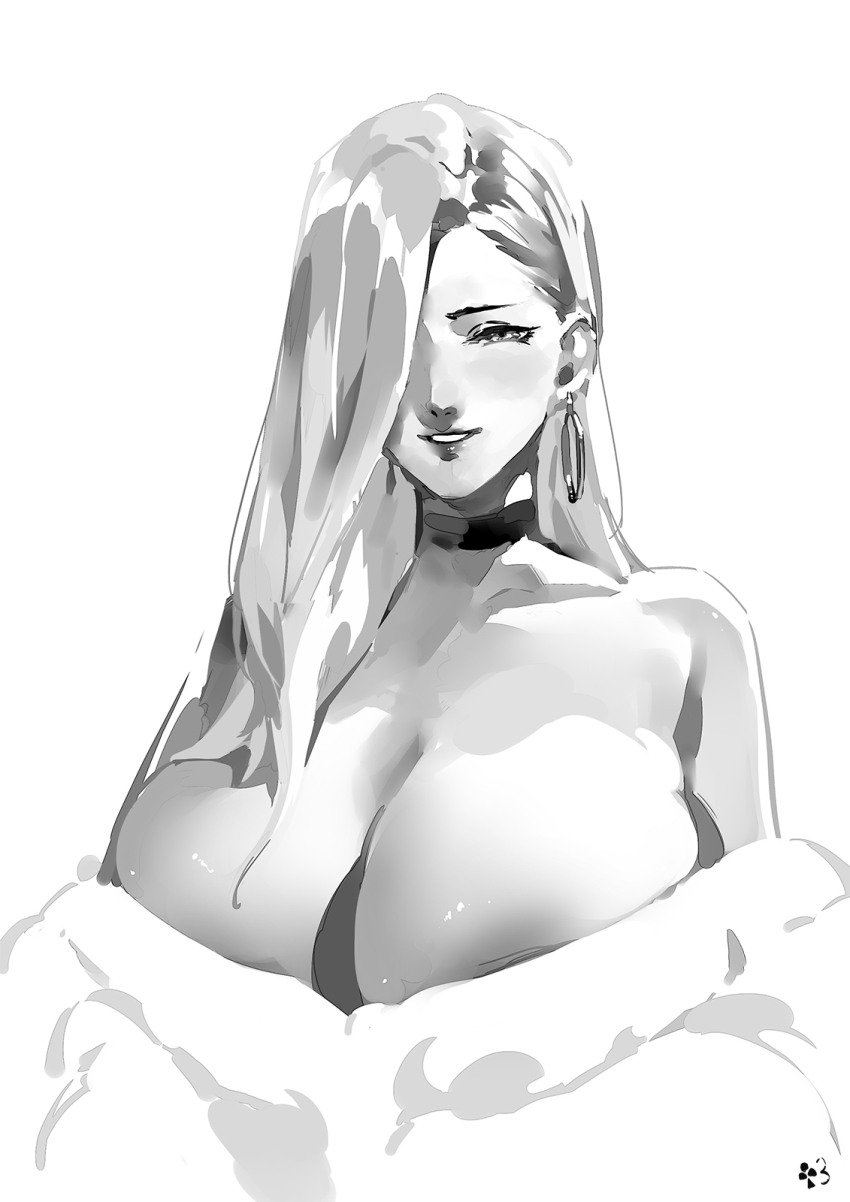 1girl artist_logo bare_shoulders breasts choker cleavage club3 commentary earrings fate/grand_order fate_(series) greyscale hair_behind_ear hair_over_one_eye highres hoop_earrings jacket jewelry large_breasts logo long_hair looking_at_viewer monochrome mrs._snake_(fate) off_shoulder smile solo symbol-only_commentary white_background white_jacket