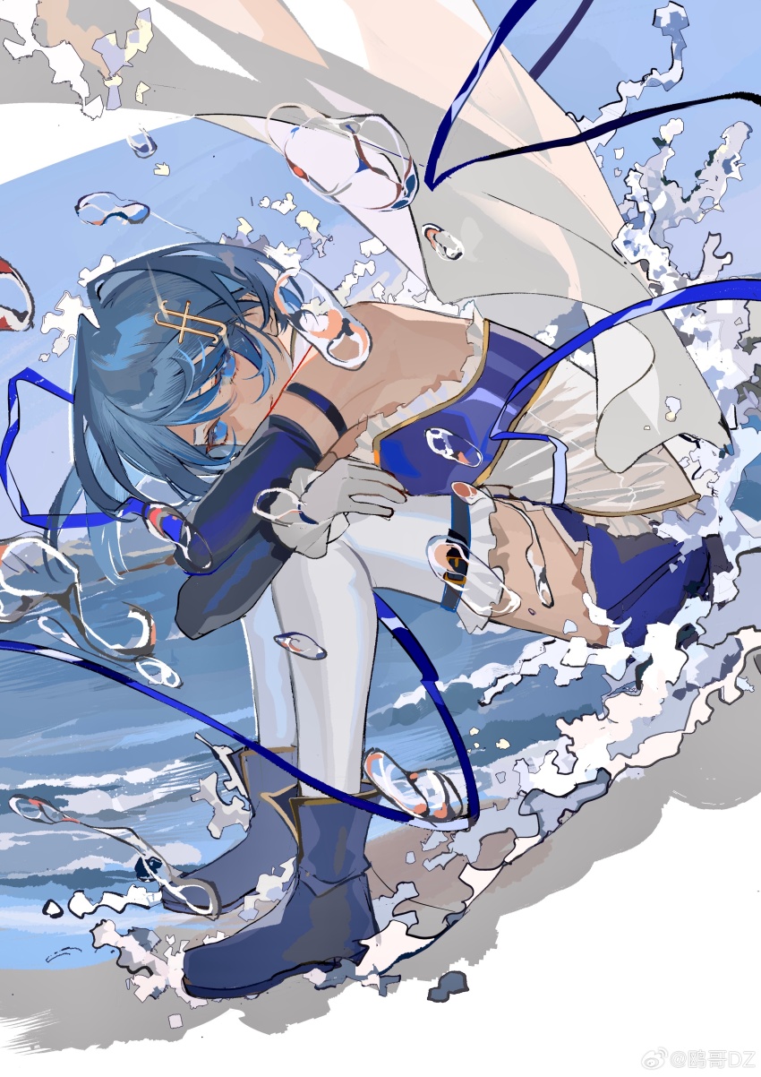 1girl absurdres armlet arms_on_knees bare_shoulders belt belt_buckle blue_belt blue_boots blue_eyes blue_hair blue_shirt blue_skirt blue_sleeves boots bright_pupils bubble buckle cape chinese_commentary closed_mouth collared_cape commentary_request crossed_arms detached_sleeves eyelashes floating_cape fortissimo frilled_shirt frilled_thigh_strap frills full_body gleam gloves hair_between_eyes hair_ornament hairclip highres jewelry leaning_forward long_sleeves looking_at_viewer magical_girl mahou_shoujo_madoka_magica mahou_shoujo_madoka_magica_(anime) miki_sayaka miki_sayaka_(magical_girl) miniskirt musical_note musical_note_hair_ornament on_water ouge_dz pleated_skirt shadow shirt short_hair sitting sitting_on_liquid skirt smile solo splashing strapless strapless_shirt thigh_belt thigh_strap thighhighs two-tone_shirt water watermark waves weibo_watermark white_background white_cape white_gloves white_pupils white_shirt white_thighhighs