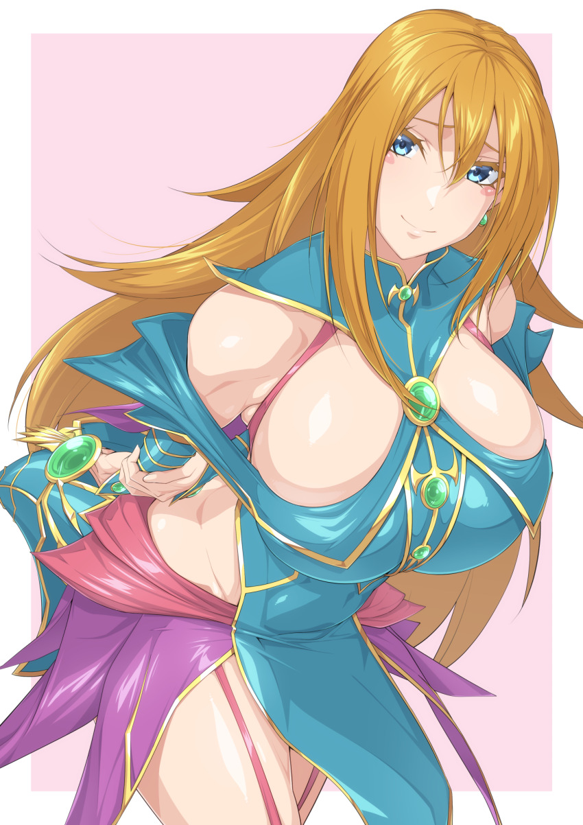 1girl apron arms_behind_back bare_shoulders belly blonde_hair blue_dress blue_eyes blue_hat blush blush_stickers border breasts brooch cleavage dress eyebrows eyelashes garter_straps gauntlets green_brooch hand_on_own_arm hat head highres holding holding_unworn_clothes holding_unworn_hat huge_breasts jewelry konami legs lips long_hair magicial_girl magician&#039;s_valkyria monster_girl ozaneko pink_apron pink_background pink_garter_straps pink_lips pink_straps pixiv pixiv_username purple_apron shiny_clothes shiny_legwear shiny_skin shonen_jump smile solo strap thick_eyebrows thick_eyelashes thick_thighs thighs top_hat unworn_hat unworn_headwear very_long_hair white_background white_border wide_hips witch witch_hat yu-gi-oh!
