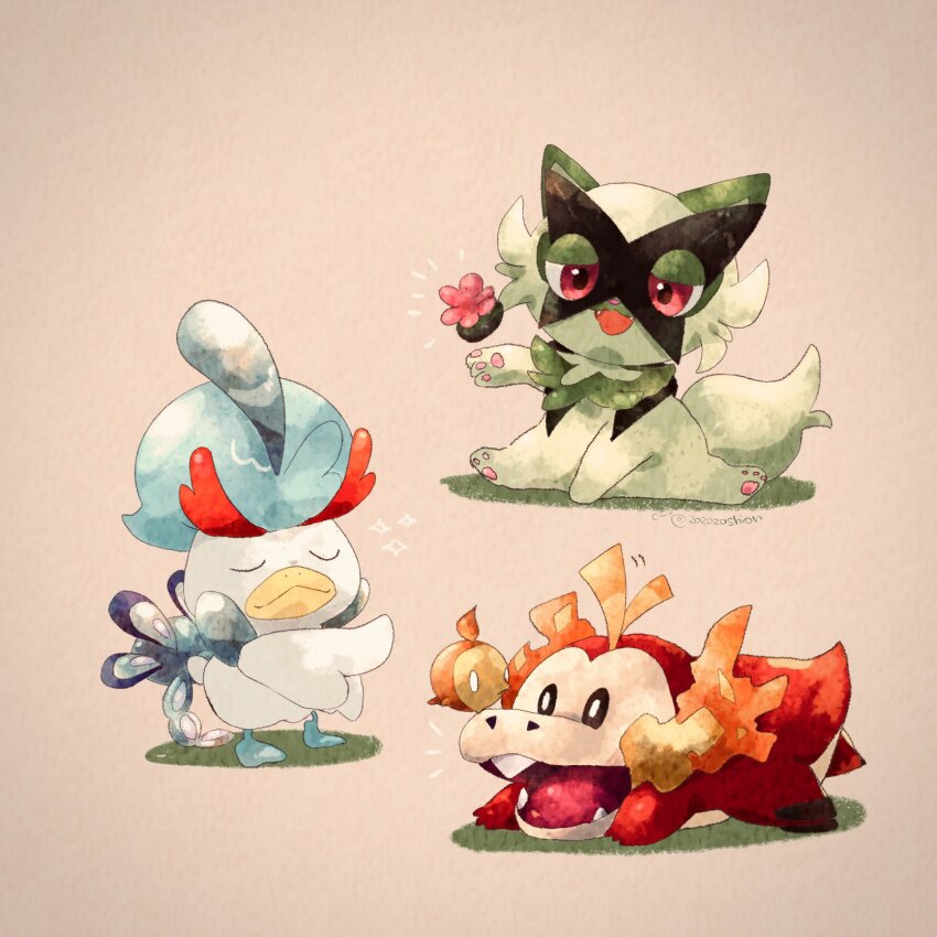 animal_focus beak bird black_eyes cat closed_eyes colored_skin commentary_request cosplay duck fangs fire_bird_(skeledirge) fuecoco green_fur highres meowscarada meowscarada_(cosplay) nintendo no_humans on_grass open_mouth pawpads pink_eyes pokemon pokemon_(creature) quaquaval quaquaval_(cosplay) quaxly red_skin simple_background sitting skeledirge skeledirge_(cosplay) sprigatito starter_pokemon_trio tail white_background zozozoshion