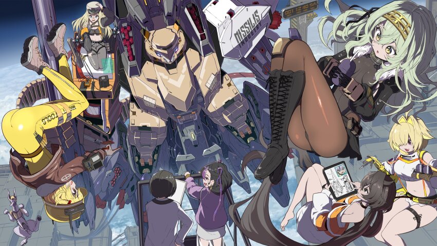 6+girls :3 :o absurdres adjusting_clothes adjusting_headwear ahoge bandaid bandaid_on_face bandaid_on_nose bare_legs barefoot belt black_bodysuit black_footwear black_hair black_ribbon blonde_hair bodysuit boots bow breasts brown_hair brown_jacket brown_pantyhose centi_(nikke) cleavage closed_mouth coat colored_inner_hair commentary_request crop_top cropped_shirt cross-laced_footwear denim detached_sleeves drink drinking_straw electric_shock_(nikke) elegg_(nikke) fang floating fur_trim gloves goddess_of_victory:_nikke green_eyes green_hair hair_between_eyes hair_intakes hair_over_one_eye hair_ribbon hairband hard_hat helmet highres holding holding_drink jacket kilo_(nikke) knee_boots legs_together liter_(nikke) long_bangs long_hair long_sleeves mana_(nikke) mecha medium_hair midriff mighty_tools_(nikke) multicolored_hair multiple_girls navel night non-humanoid_robot off_shoulder open_mouth outdoors pantyhose petite pointing pointing_forward purple_bow purple_eyes purple_streaks ribbon robot robot_animal robot_dog seiza short_hair short_shorts shorts sitting skin_tight smile space stomach streaked_hair suspender_shorts suspenders syope syuen_(nikke) talos_(nikke) thigh_strap trony_(nikke) two-tone_hair upside-down utility_belt volt_(nikke) white_coat white_hood white_jacket white_shorts yellow_bodysuit yellow_eyes