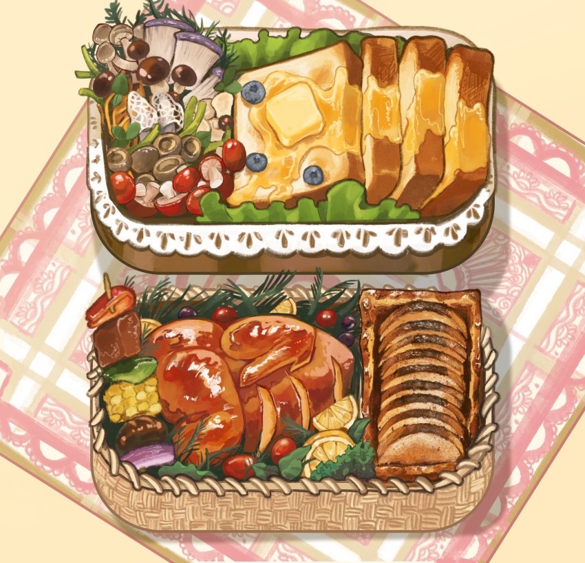 bento blueberry bluebluecathy bread bread_slice butter cherry_tomato chicken_(food) commentary_request corn corn_cob food food_focus fruit highres lemon lemon_slice meat mushroom no_humans original skewer still_life toast tomato vegetable