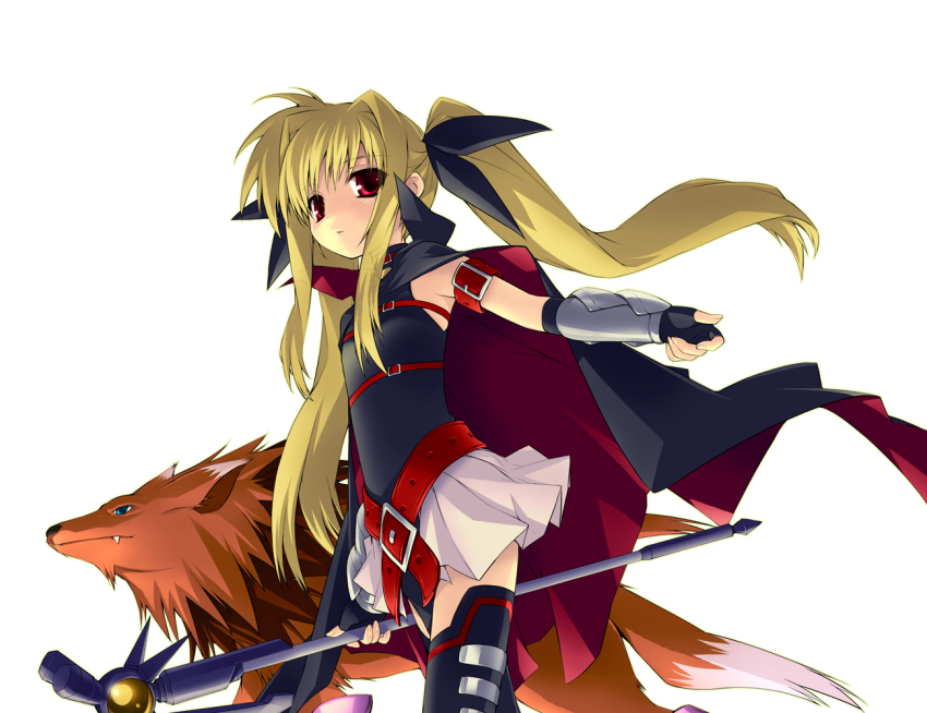 1girl arf arm_belt bad_id bad_pixiv_id bardiche_(assault_form)_(nanoha) bardiche_(nanoha) belt black_cape black_gloves black_leotard black_ribbon black_thighhighs blonde_hair cape commentary commentary_request fate_testarossa fate_testarossa_(lightning_form) fingerless_gloves gauntlets gloves gotou_nao hair_ribbon holding holding_staff leotard long_hair looking_at_viewer lyrical_nanoha magical_girl mahou_shoujo_lyrical_nanoha miniskirt parted_lips pink_skirt print_legwear red_belt red_eyes ribbon simple_background skirt sleeveless staff standing thighhighs twintails very_long_hair white_background wind wolf