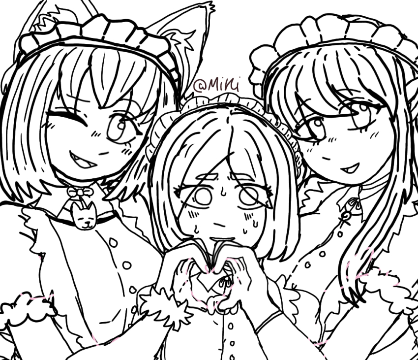 3girls animal_ears annette_(isekai_shikkaku) cat_ears female_focus frilled_hairband frills hairband heart heart_hands heart_hands_duo isekai_shikkaku maid maid_headdress monochrome multiple_girls nervous sacchan_(isekai_shikkaku) signature sweat tama_(isekai_shikkaku)