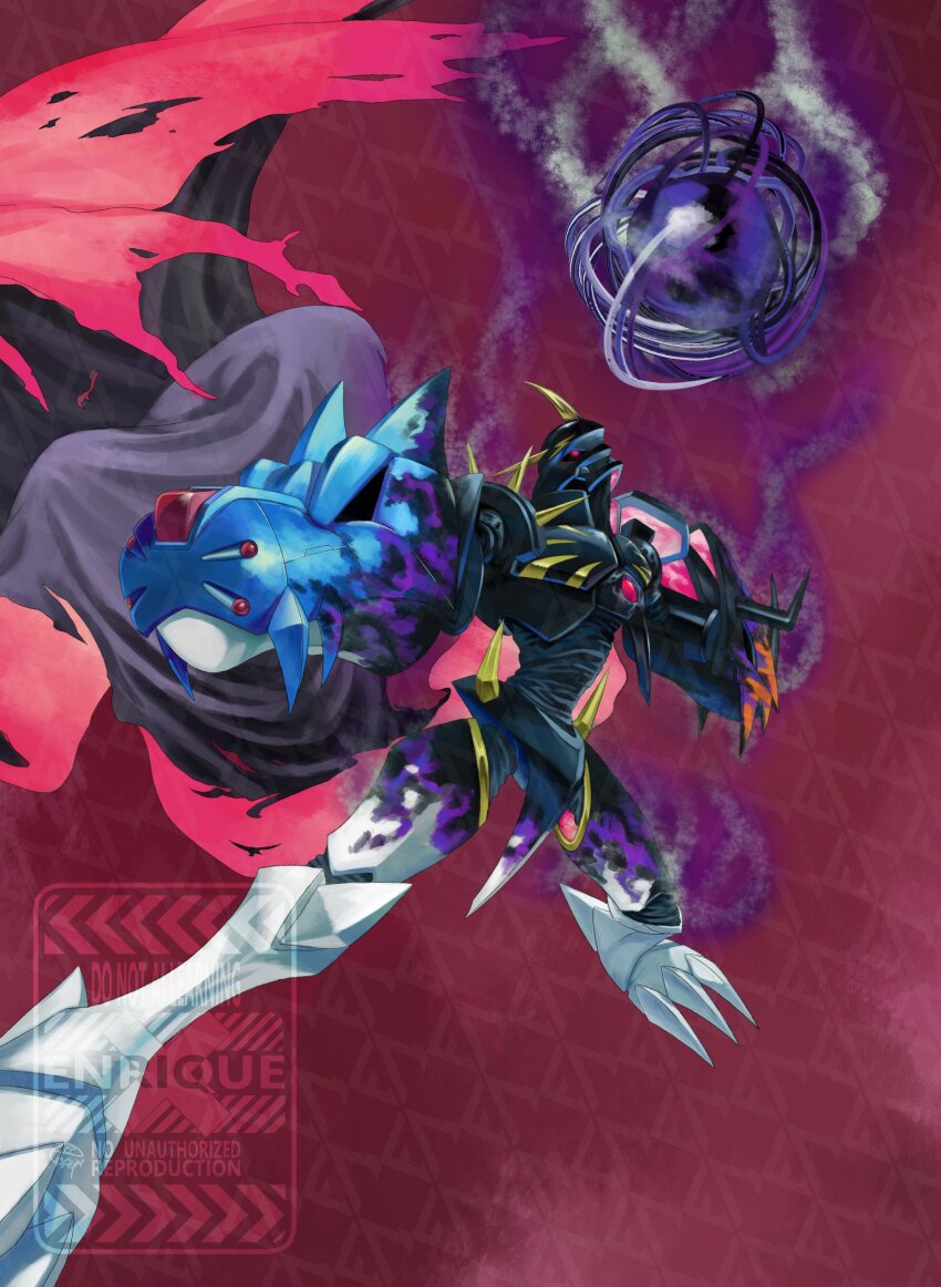 absurdres black_cape cape chest_jewel digimon digimon_(creature) enrike_(enrique_mr_blue) highres mecha omegamon omegamon_zwart red_background red_cape red_eyes robot simple_background solo transformation