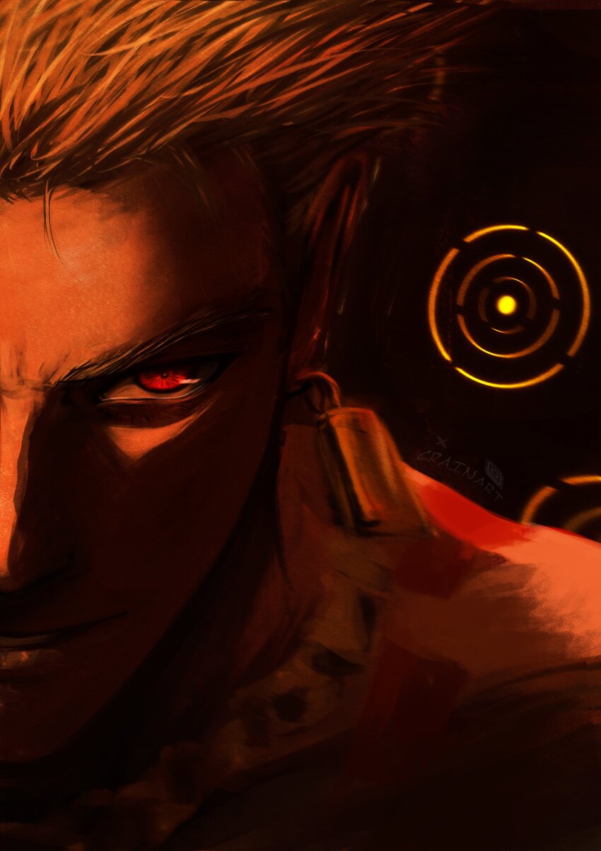 1boy absurdres blonde_hair crain1art earrings fate/grand_order fate/stay_night fate_(series) gate_of_babylon_(fate) gilgamesh_(fate) hair_slicked_back highres jewelry male_focus necklace partially_shaded_face portrait red_eyes short_hair smile solo tattoo