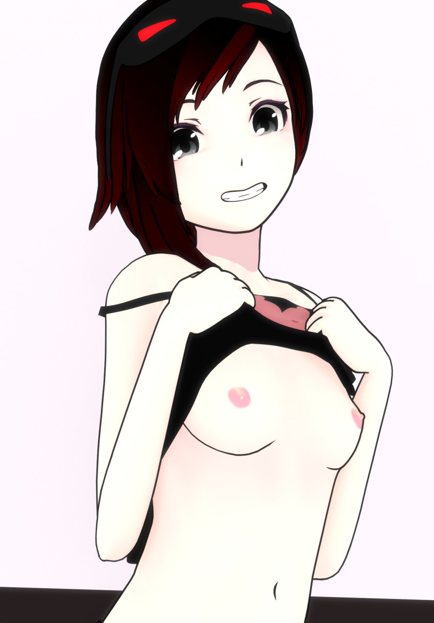 1girl 3d breasts camisole clothes_lift flashing grey_eyes happy highres lvl3toaster navel nipples no_bra pajamas ruby_rose rwby shirt_lift smile