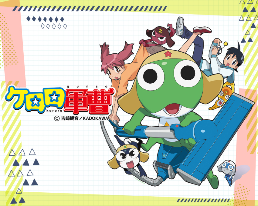 1girl belt black_eyes black_hair blue_eyes dororo_(keroro_gunsou) frog giroro glasses hat hinata_fuyuki hinata_natsumi hood hoodie keroro keroro_gunsou kururu_(keroro_gunsou) long_hair looking_at_viewer mask mouth_mask ninja_mask official_art official_wallpaper pants red_eyes red_hair shirt shoes short_hair simple_background star_(symbol) tail tamama twintails vacuum_cleaner
