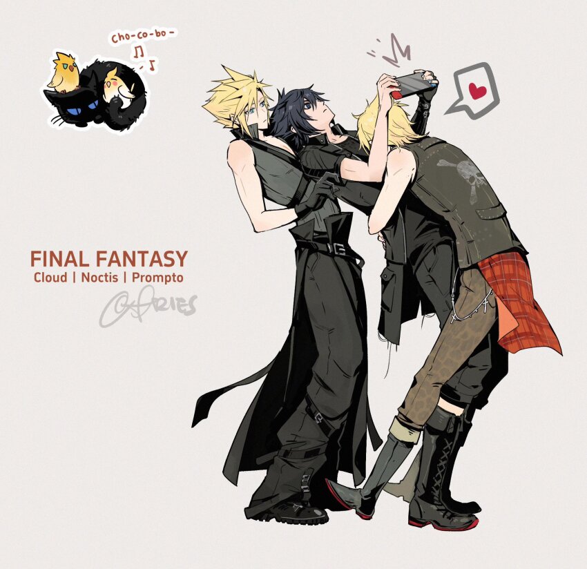 3boys animalization aries20770321 bird black_gloves black_hair black_vest blonde_hair blue_eyes boots cat clothes_around_waist cloud_strife english_text final_fantasy final_fantasy_vii final_fantasy_vii_advent_children final_fantasy_xv fingerless_gloves gloves handheld_game_console heart highres holding holding_handheld_game_console hug in-franchise_crossover leaning_on_person male_focus multiple_boys nintendo_switch noctis_lucis_caelum pants popped_collar print_pants prompto_argentum shirt shirt_around_waist short_hair single_fingerless_glove spiked_hair spoken_heart vest yaoi
