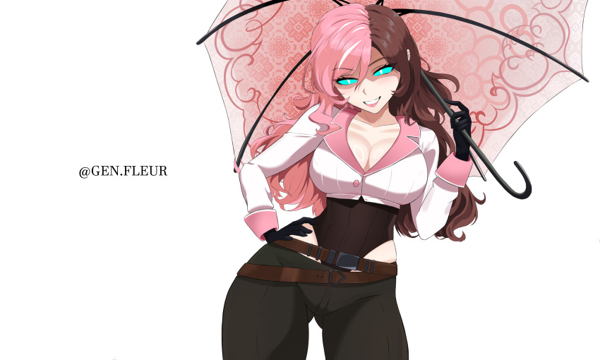 1girl absurdres blue_eyes breasts brown_hair cleavage curious_cat_(rwby) gen.fleur hand_on_own_hip highres lipstick makeup multicolored_hair neopolitan_(rwby) pants pink_hair possessed possession rwby umbrella