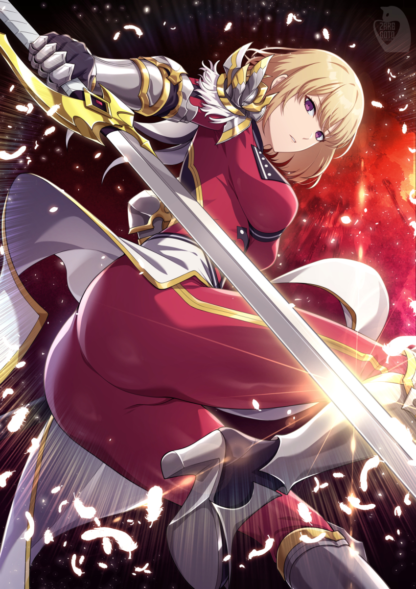 1girl armor ass blonde_hair bodysuit breasts cha_hae-in falling_feathers feathers from_below gauntlets greaves highres holding holding_sword holding_weapon looking_at_viewer medium_breasts parted_lips purple_eyes red_background red_bodysuit short_hair shoulder_armor skirt solo_leveling sword vambraces weapon white_skirt zaregoto_tsukai_no_deshi