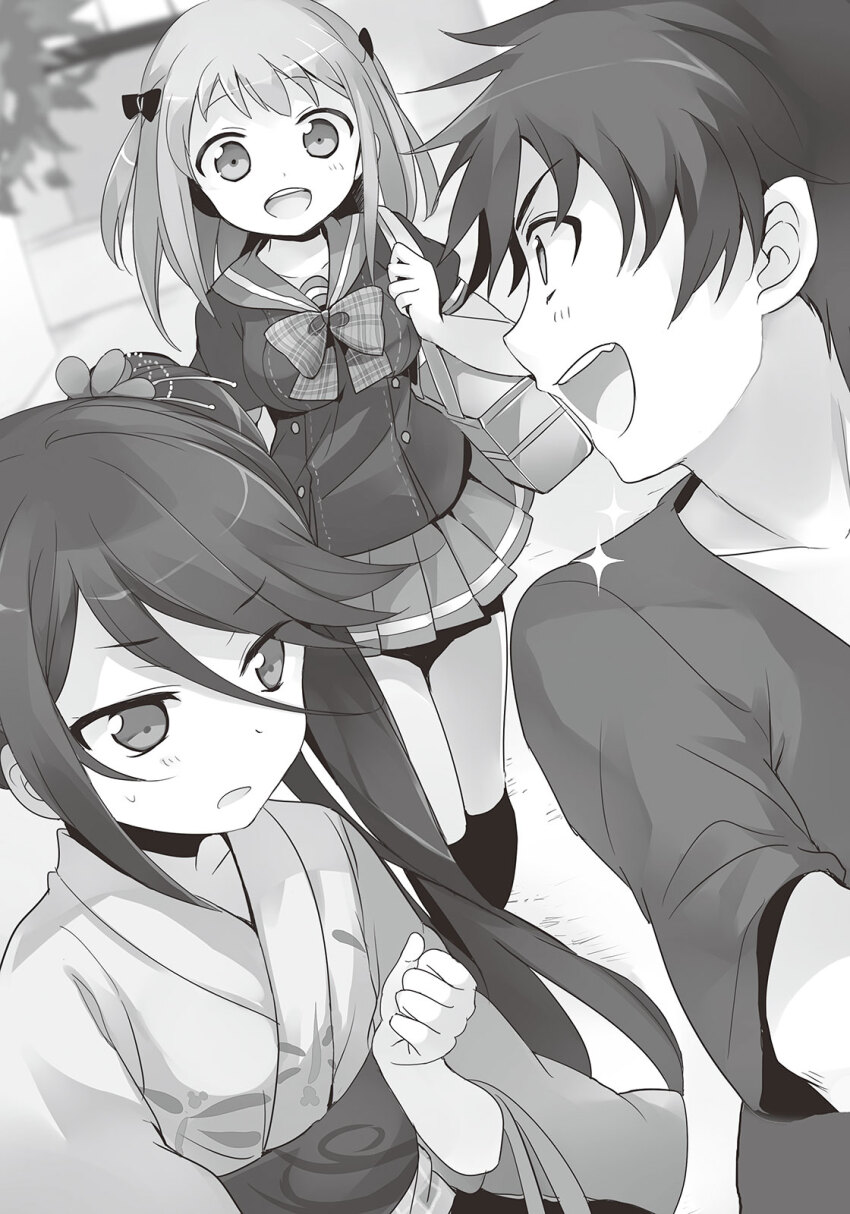 029 1boy 2girls :o bag blush breasts clenched_hand collarbone cowboy_shot hair_ornament hataraku_maou-sama! highres japanese_clothes kamazuki_suzuno kimono large_breasts long_hair long_sleeves maou_sadao medium_hair monochrome multiple_girls obi open_mouth outdoors pleated_skirt profile sasaki_chiho sash school_uniform serafuku shirt short_hair short_sleeves shoulder_bag side_ponytail skirt smile socks standing t-shirt tareme thighs tsurime two_side_up upper_body very_long_hair
