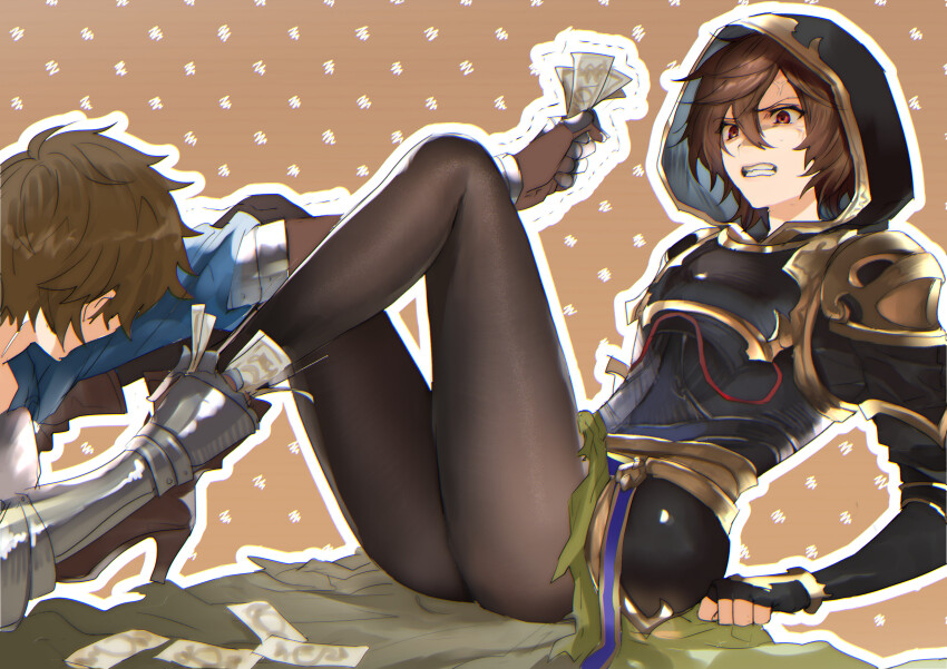 2boys absurdres armor bishounen blush border breastplate brown_background brown_hair brown_pantyhose doushite fingerless_gloves gloves gold_trim gran_(granblue_fantasy) granblue_fantasy hair_between_eyes high_heels highres holding holding_another&#039;s_leg holding_money hood hood_up legs long_sleeves looking_at_another male_focus money multiple_boys outstretched_arm pantyhose red_eyes sandalphon_(granblue_fantasy) short_hair shoulder_armor sitting thighs white_border yaoi