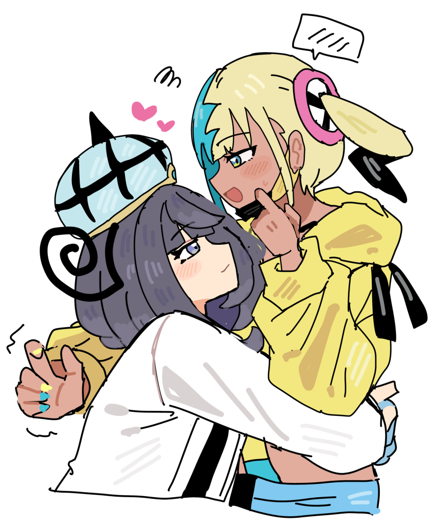 2girls bad_id bad_pixiv_id blonde_hair blue_eyes blue_hair blush canari_(pokemon) closed_mouth coat dark-skinned_female dark_skin from_side gwynn_(pokemon) han0579 hat heart highres hug jacket long_sleeves looking_at_another mask_pull multicolored_hair multicolored_nails multiple_girls nintendo open_mouth pokemon pokemon_legends:_z-a purple_eyes purple_hair split-color_hair spoken_blush two-tone_hair two-tone_nails upper_body white_background white_coat yellow_jacket yuri
